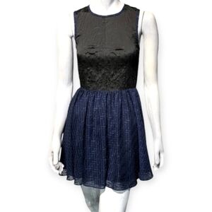 RACHEL ROY Dress Sleeveless Black Fitted Top Blue Flowy Lurex Full Skirt Women 4